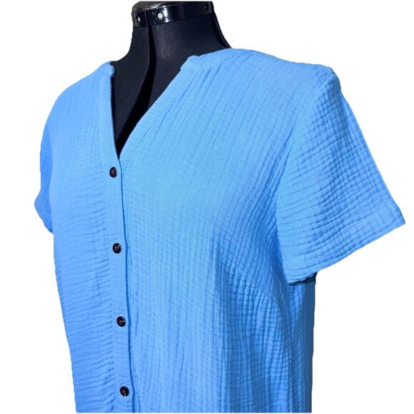 J Jill Ice Blue Small Tier Gauze Drop Waist Dress Button Midi Lagenlook Cottage - Picture 2 of 8